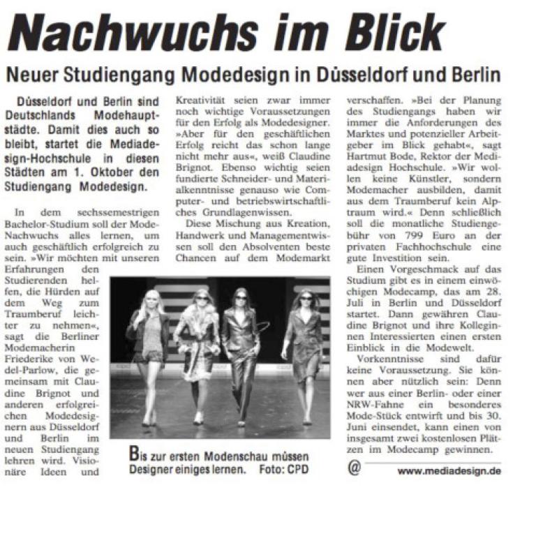 Westfalenblatt: Nachwuchs im Blick - Neuer Studiengang Modedesign in Düsseldorf und Berlin