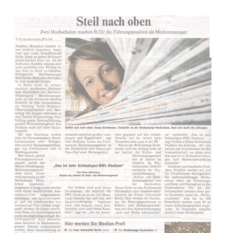 Die Welt: Steil nach oben - Zwei Hochschulen machen fit für die Führungsposition als Medienmanager