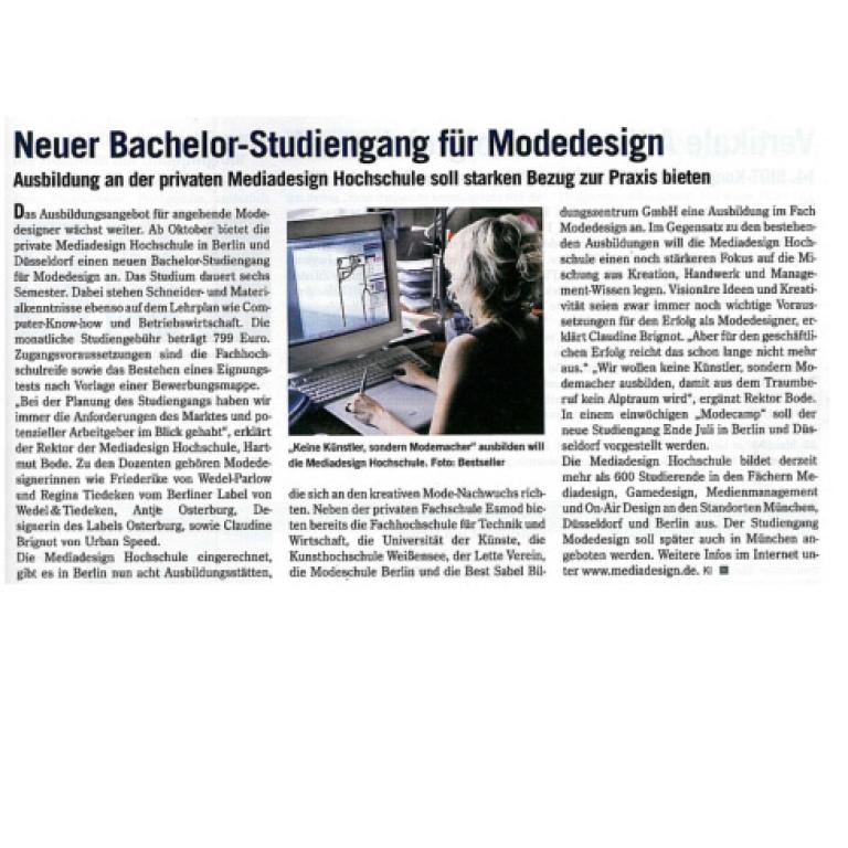 TextilWirtschaft: Neuer Bachelor-Studiengang für Modedesign