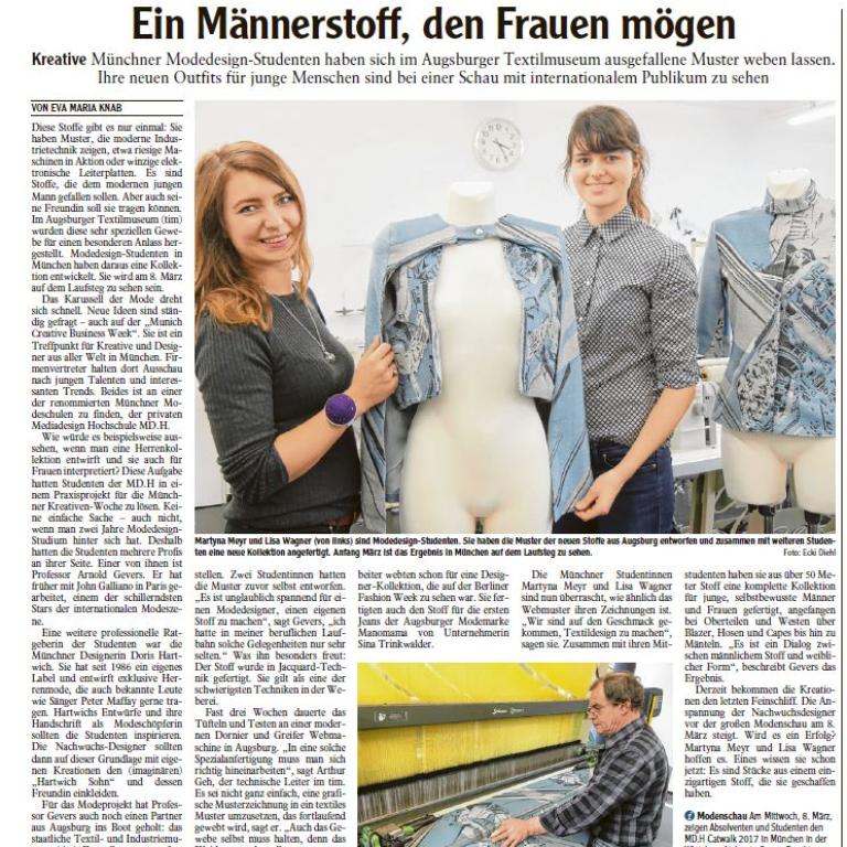 Die Augsburger Allgemeine berichtet über die Kooperation des MD.H Fachbereichs Mode mit dem staatlichen Textil- und Industriemuseum Augsburg