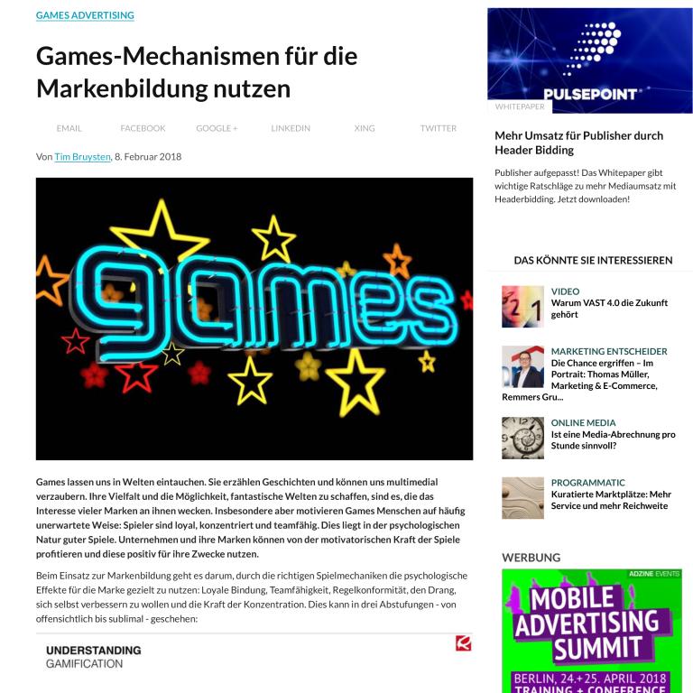 Ein Onlinebeitrag für das Magazin „ADZINE“ über die Games-Mechanismen für die Markenbildung, geschrieben von Prof. Tim Bruysten